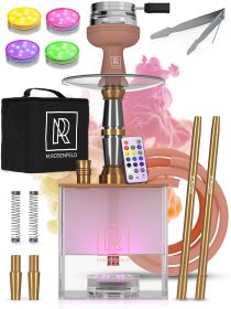 Rose Gold Hookah Set 2 Hose YADO Square Hookah To Go with Hookah Charcoal Holder Heat Management Device and Big Rose Silicone Hookah Bowl and Bag for