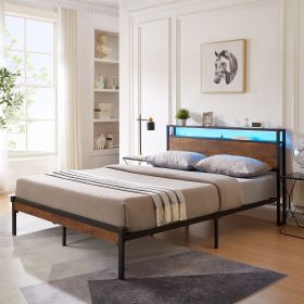 Queen Size Metal Platform Bed Frame with Wooden Headboard and Footboard with USB LINER,LED Lights, No Box Spring Needed, Large Under Bed Storage